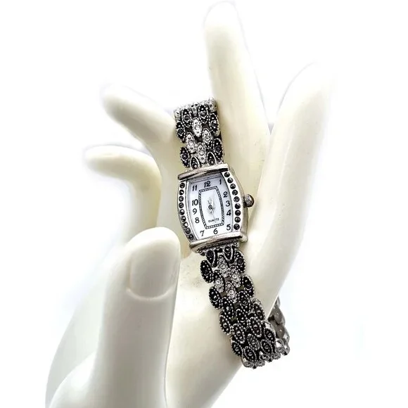 Vintage M.Z. Berger WS01 Women’s Quartz Watch Silver Marcasite Look Bracelet - Picture 2 of 10